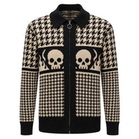 Cardigan en jacquard noir avec motif tête de mort et pied-de-poule gothique pour homme
