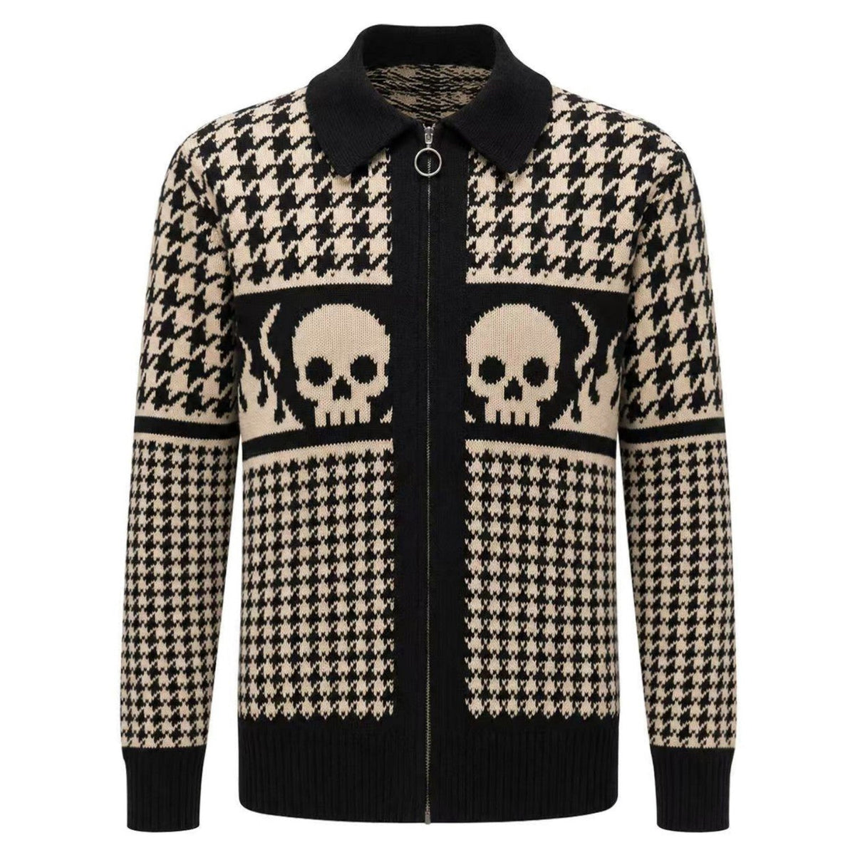 Cardigan en jacquard noir avec motif tête de mort et pied-de-poule gothique pour homme