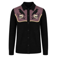 Cardigan en maille pour homme avec broderie rétro gothique de crâne et merle