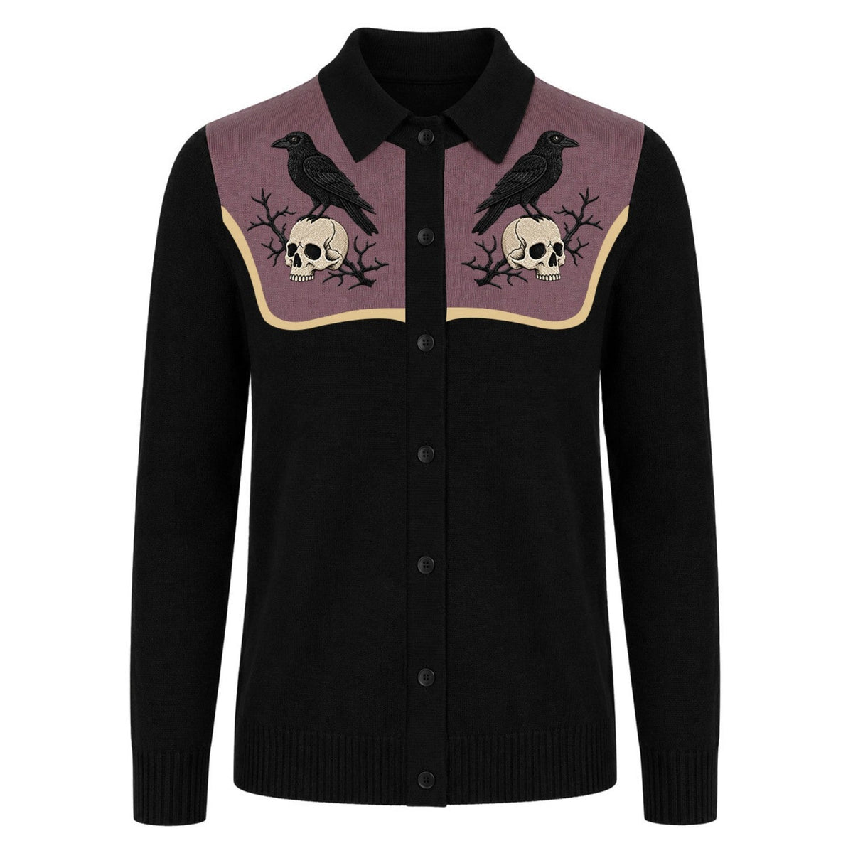 Cardigan en maille pour homme avec broderie rétro gothique de crâne et merle