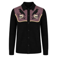 Cardigan en tricot avec broderie de crâne de corbeau gothique rétro pour hommes