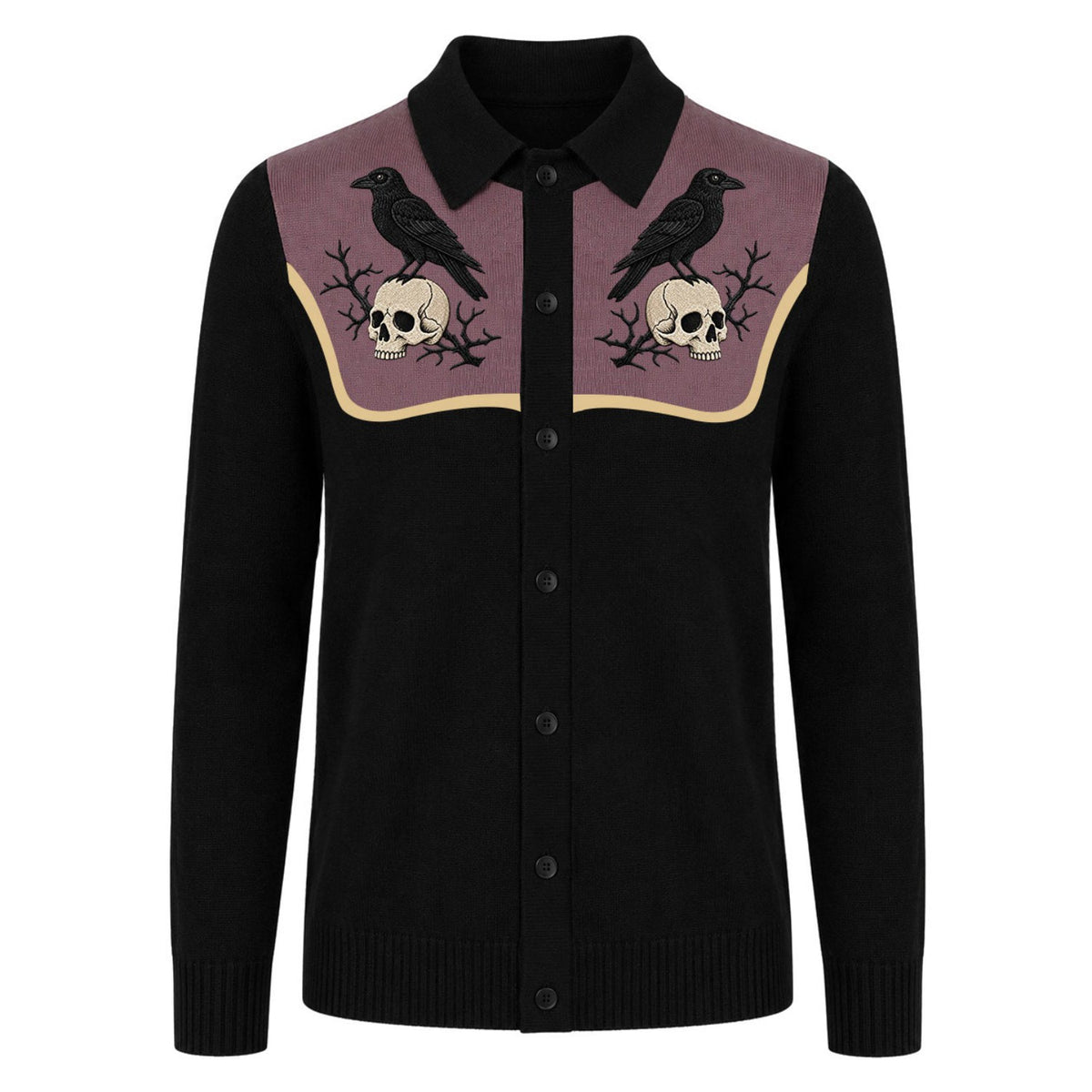 Cardigan en tricot avec broderie de crâne de corbeau gothique rétro pour hommes