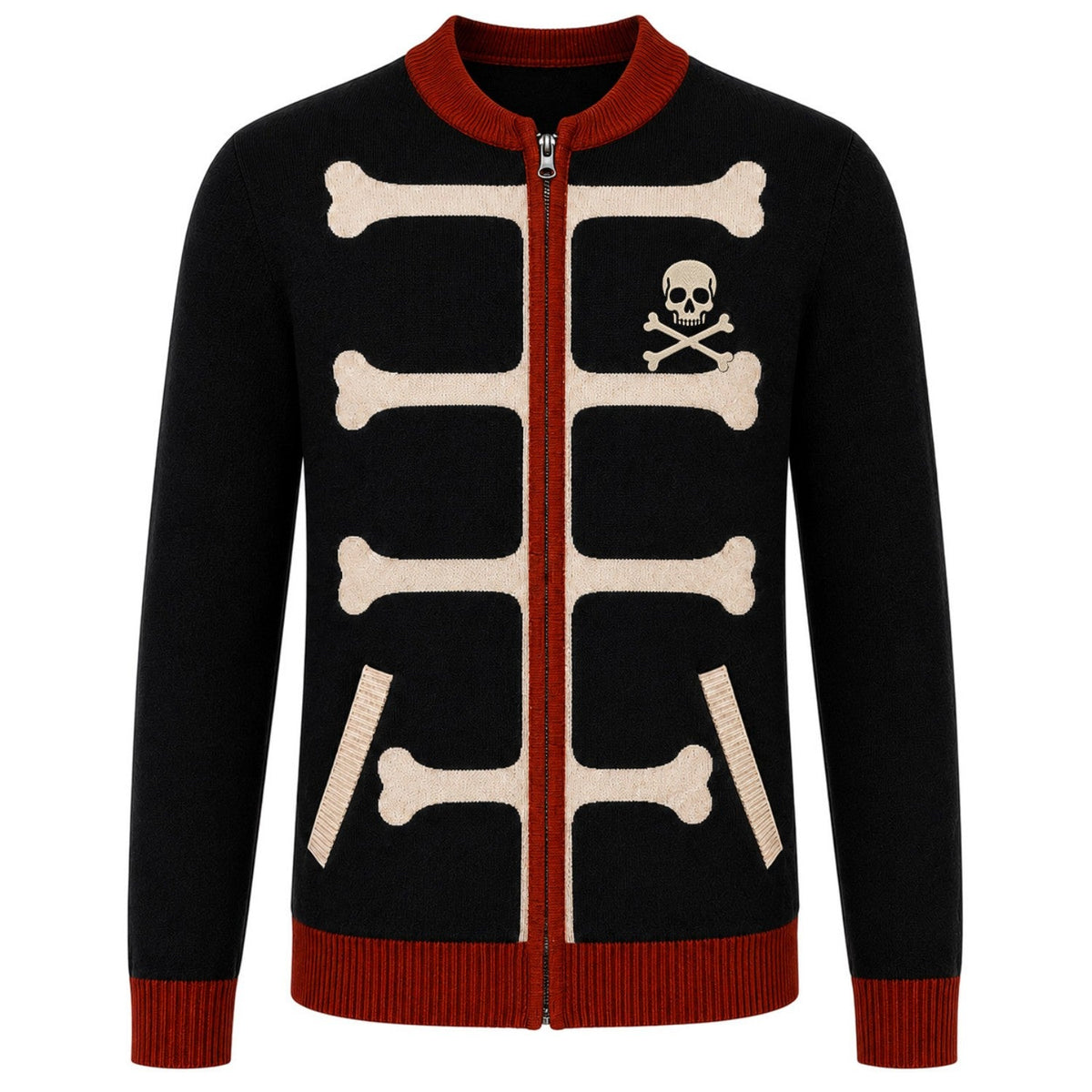 Cardigan en Tricot Noir Rétro Gothique avec Broderie de Crâne pour Hommes