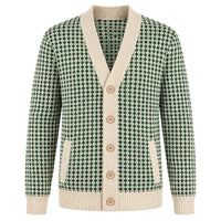 Cardigan vert vintage pour homme avec motifs géométriques miniatures en jacquard