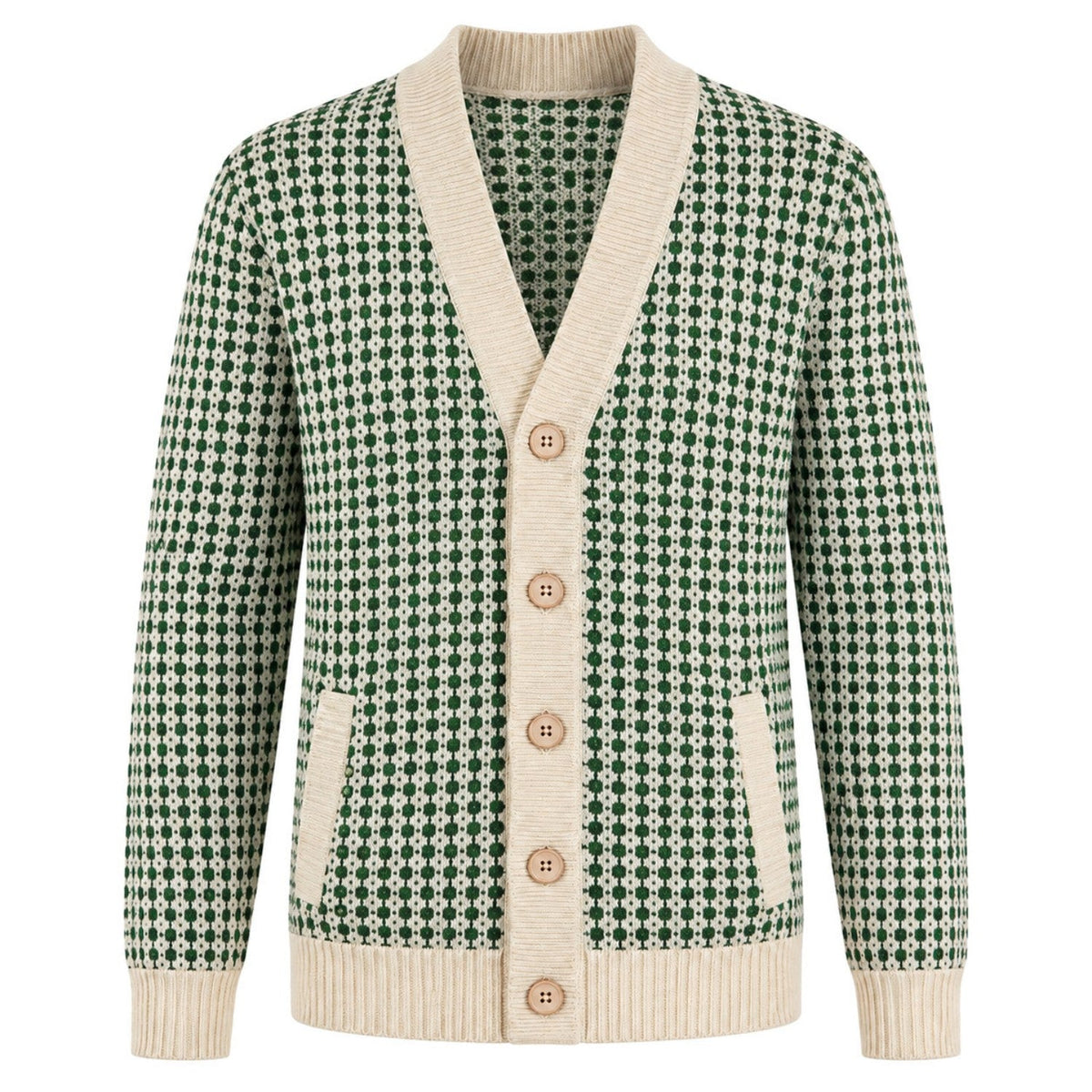 Cardigan vert vintage pour homme avec motifs géométriques miniatures en jacquard