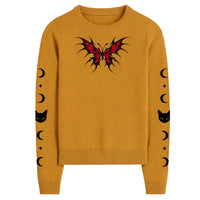 Pull en Tricot Gothique Femme Étoile & Lune avec Broderie de Papillon