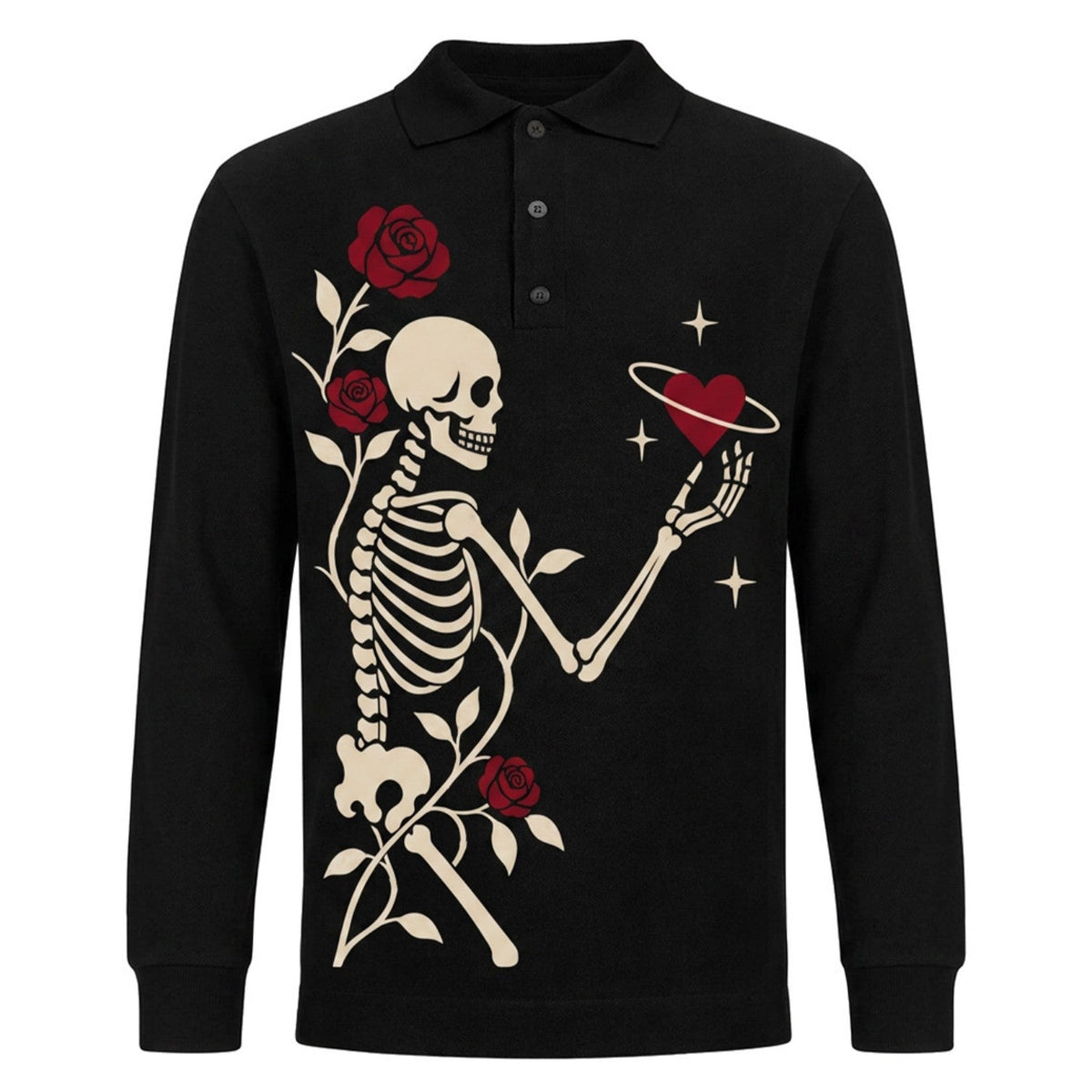 Polo en Jacquard Gothique Romantique avec Crâne et Rose pour Hommes