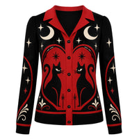 Cardigan en maille jacquard de chat noir gothique et étoiles pour femmes