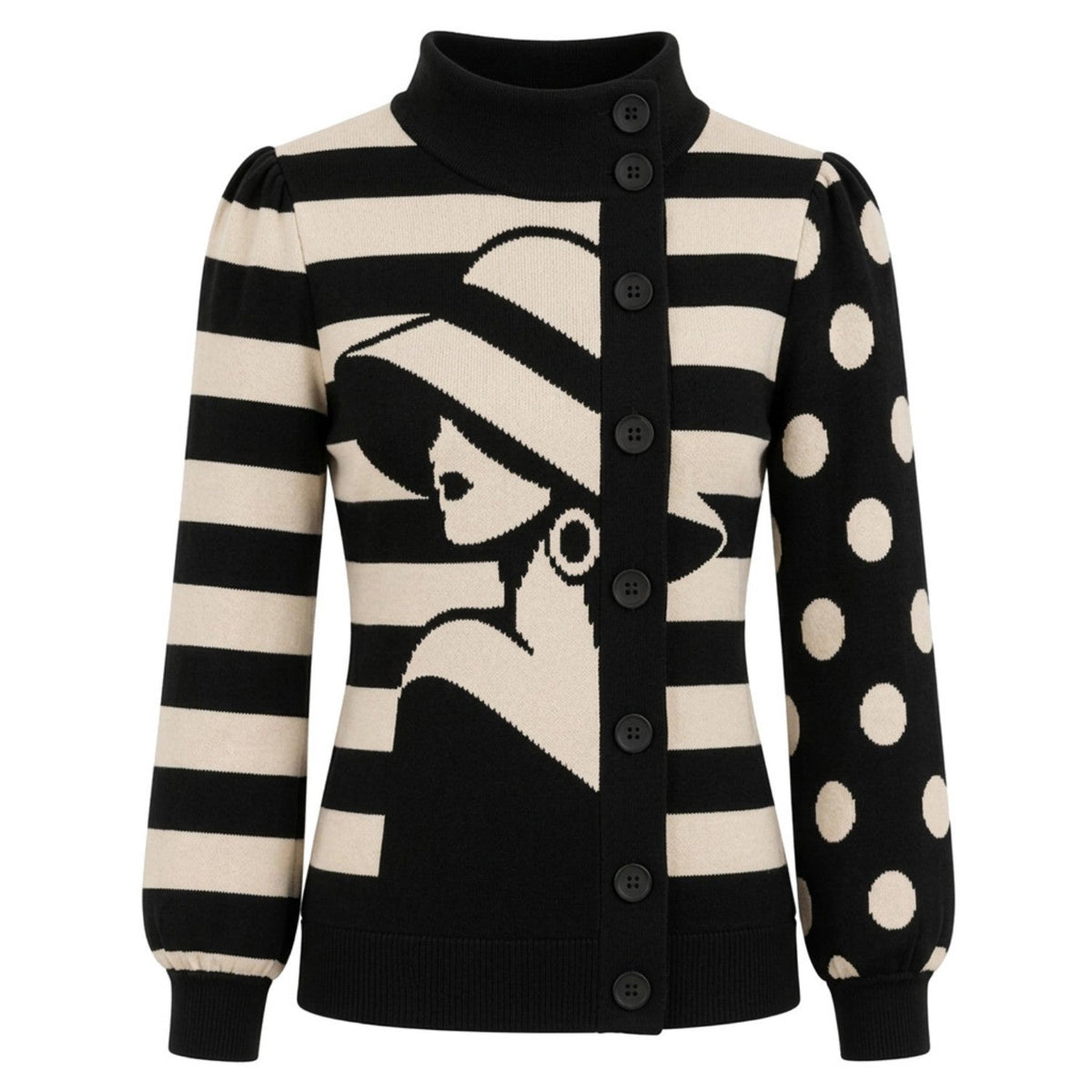Cardigan en tricot portrait de femme Op Art des années 60