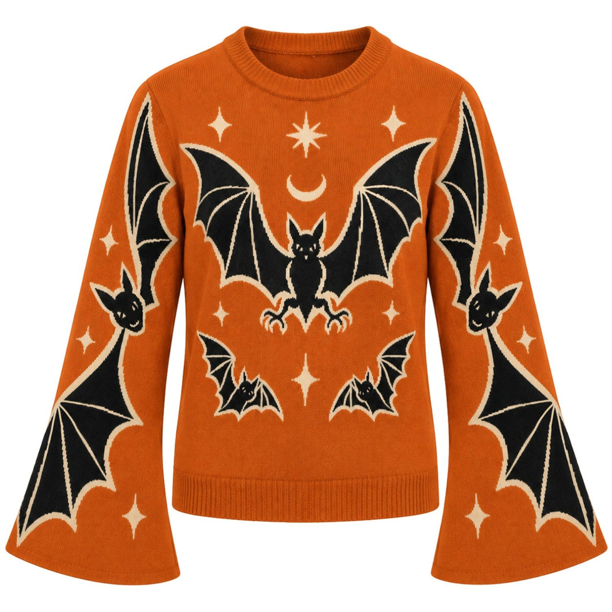 Pull en jacquard style vintage pour femmes avec chauve-souris et croissant de lune