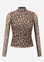 T-shirt à manches longues en mesh avec imprimé léopard - marron