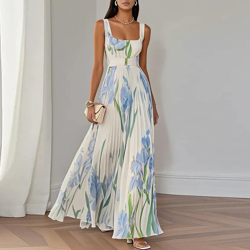 Lyra | Robe longue élégante à motifs floraux, avec une silhouette plissée qui met la silhouette en valeur