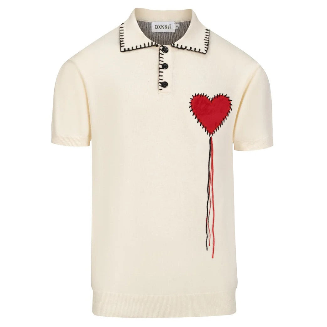 Pull rétro abricot pour homme avec cœur brodé et franges