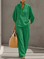 Sophie | Ensemble en lin avec manches chauve-souris et pantalon large