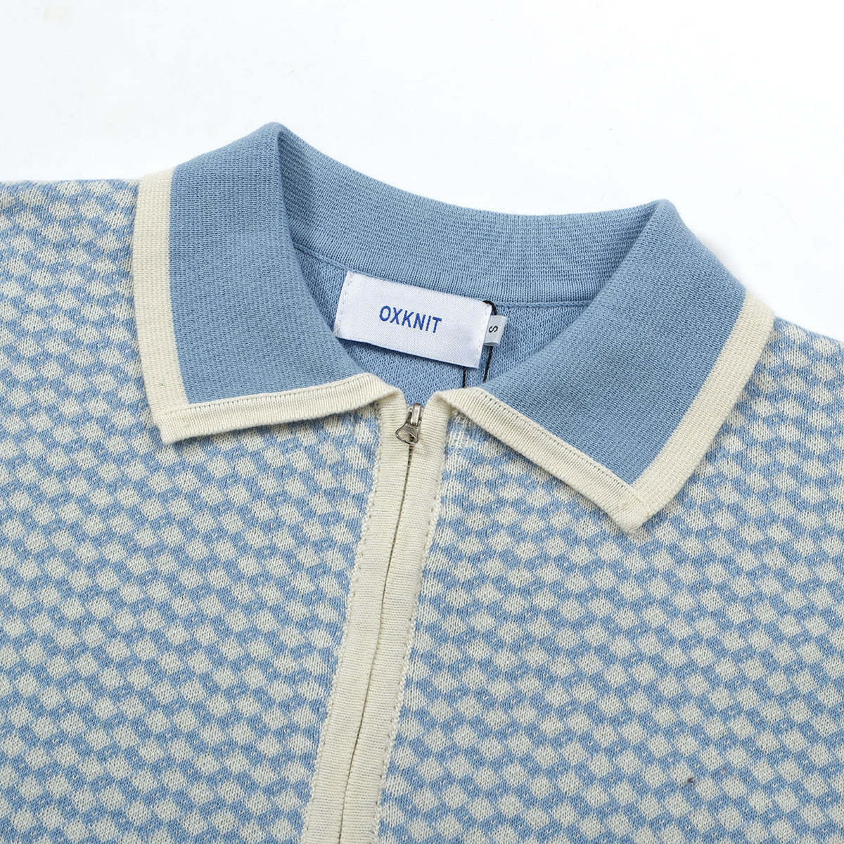 Chemise d'été Homme – Polo zippé 70's à motif losange bleu clair