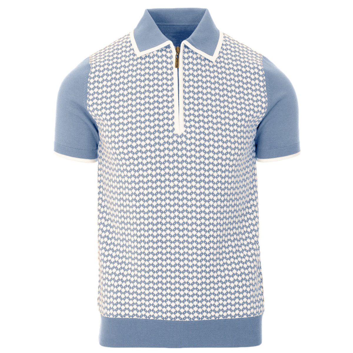 Chemise d'été Homme – Polo zippé 70's à motif losange bleu clair