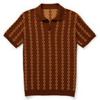Chemise rétro en tricot des années 70 pour homme – Polo à manches courtes géométrique en teintes rouille et orange