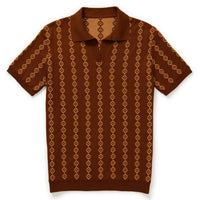 Chemise rétro en tricot des années 70 pour homme – Polo à manches courtes géométrique en teintes rouille et orange