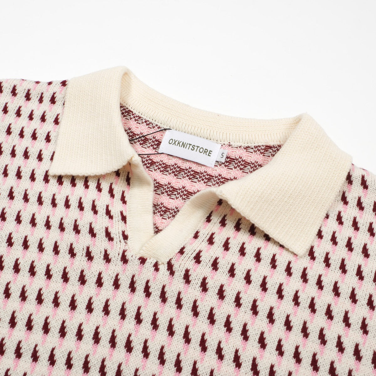 Polo en tricot crème vintage des années 60 pour homme – Motif micro bordeaux rétro