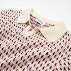 Polo en tricot crème vintage des années 60 pour homme – Motif micro bordeaux rétro