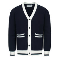 Veste Vintage Marine pour Homme – Gilet en Maille Rétro avec Bordures Contrastées et Col V Profond