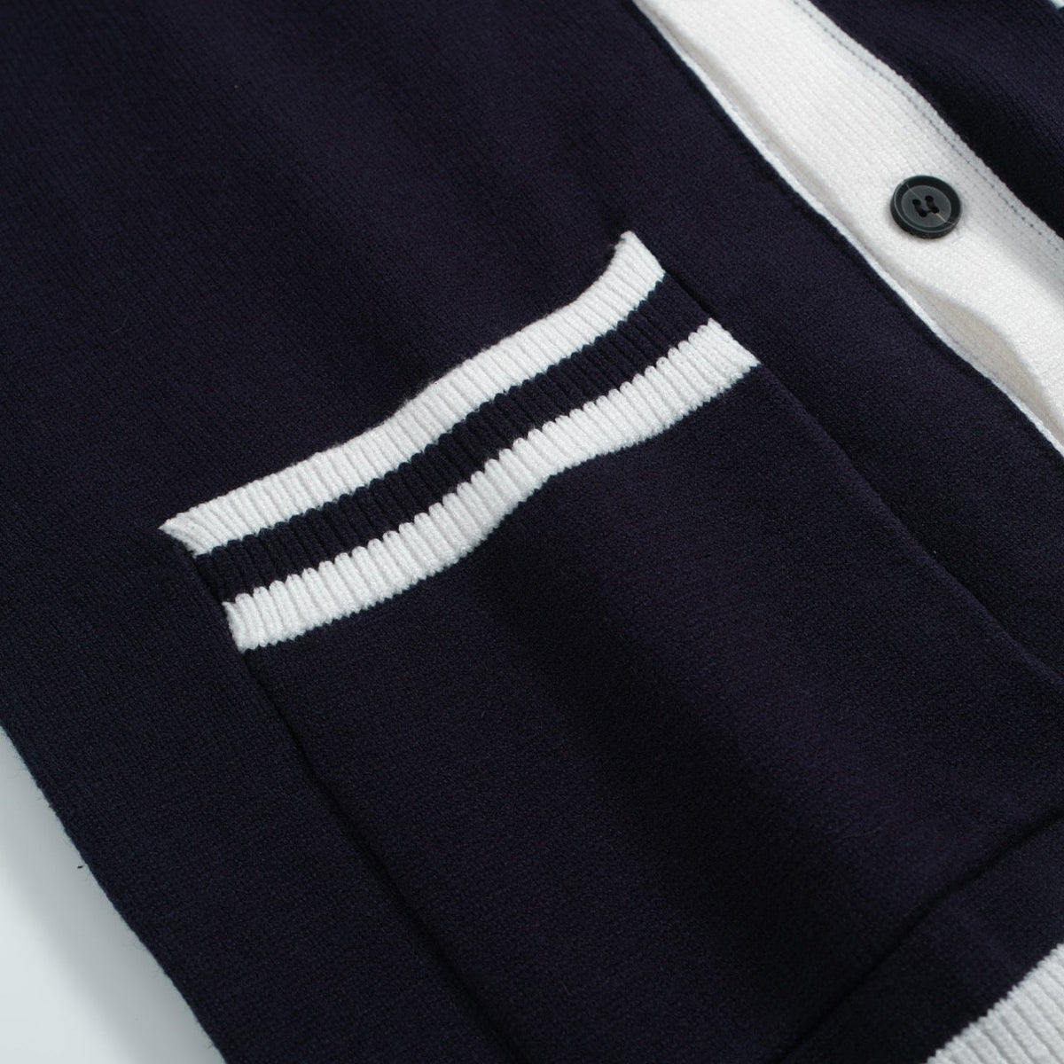 Veste Vintage Marine pour Homme – Gilet en Maille Rétro avec Bordures Contrastées et Col V Profond