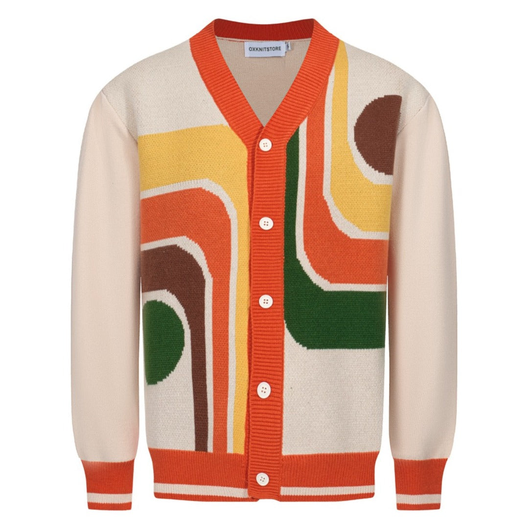 Gilet vintage tricoté des années 70 pour homme – Crème avec imprimé géométrique coloré