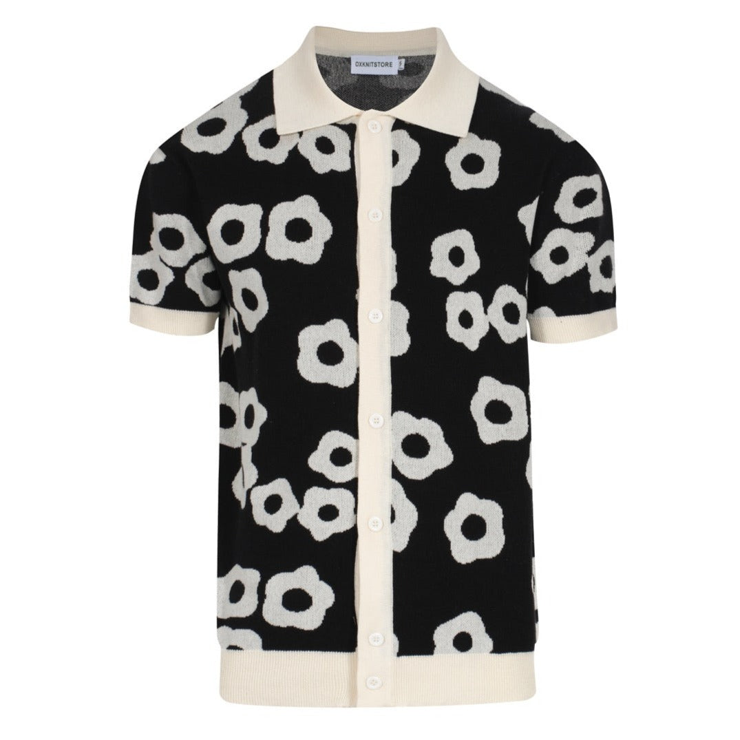 Chemise Polo Rétro à Fleurs Noires et Crème pour Homme – Modèle Années 60