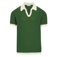 Chemise Polo à Col Ouvert Homme – Style Années 60 en Vert avec Bordure Crème