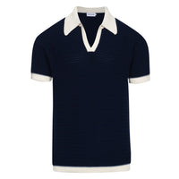 Chemise Polo Homme Bleu Marine des Années 60 à Col Ouvert – Maille Mod avec Détails Crème