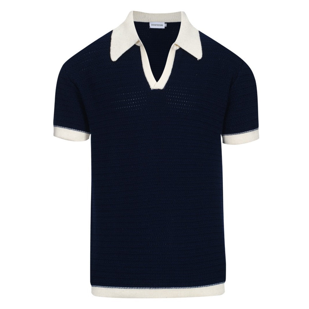 Chemise Polo Homme Bleu Marine des Années 60 à Col Ouvert – Maille Mod avec Détails Crème