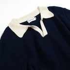 Chemise Polo Homme Bleu Marine des Années 60 à Col Ouvert – Maille Mod avec Détails Crème