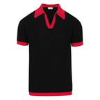 Chemise rétro noir pour homme des années 70 – Polo à encolure V avec contraste rouge
