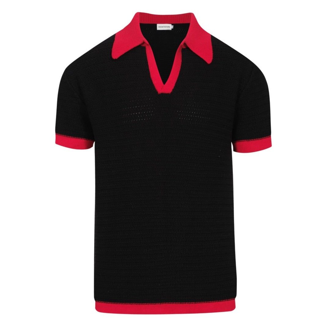 Chemise rétro noir pour homme des années 70 – Polo à encolure V avec contraste rouge