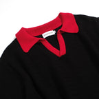 Chemise rétro noir pour homme des années 70 – Polo à encolure V avec contraste rouge