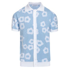 Pull en tricot pour homme des années 60 - Bleu clair avec motif floral rétro blanc