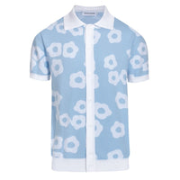 Pull en tricot pour homme des années 60 - Bleu clair avec motif floral rétro blanc