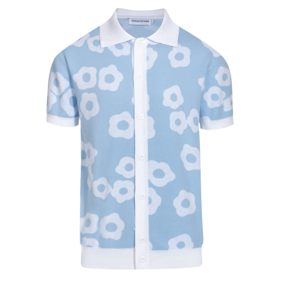 Pull en tricot pour homme des années 60 - Bleu clair avec motif floral rétro blanc