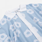 Pull en tricot pour homme des années 60 - Bleu clair avec motif floral rétro blanc
