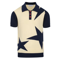 Pull tricoté à motifs étoiles des années 60 pour homme – Marine et crème, style rétro mod