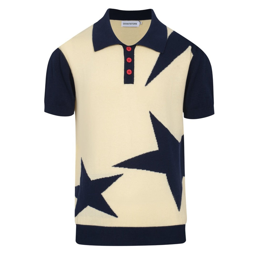 Pull tricoté à motifs étoiles des années 60 pour homme – Marine et crème, style rétro mod