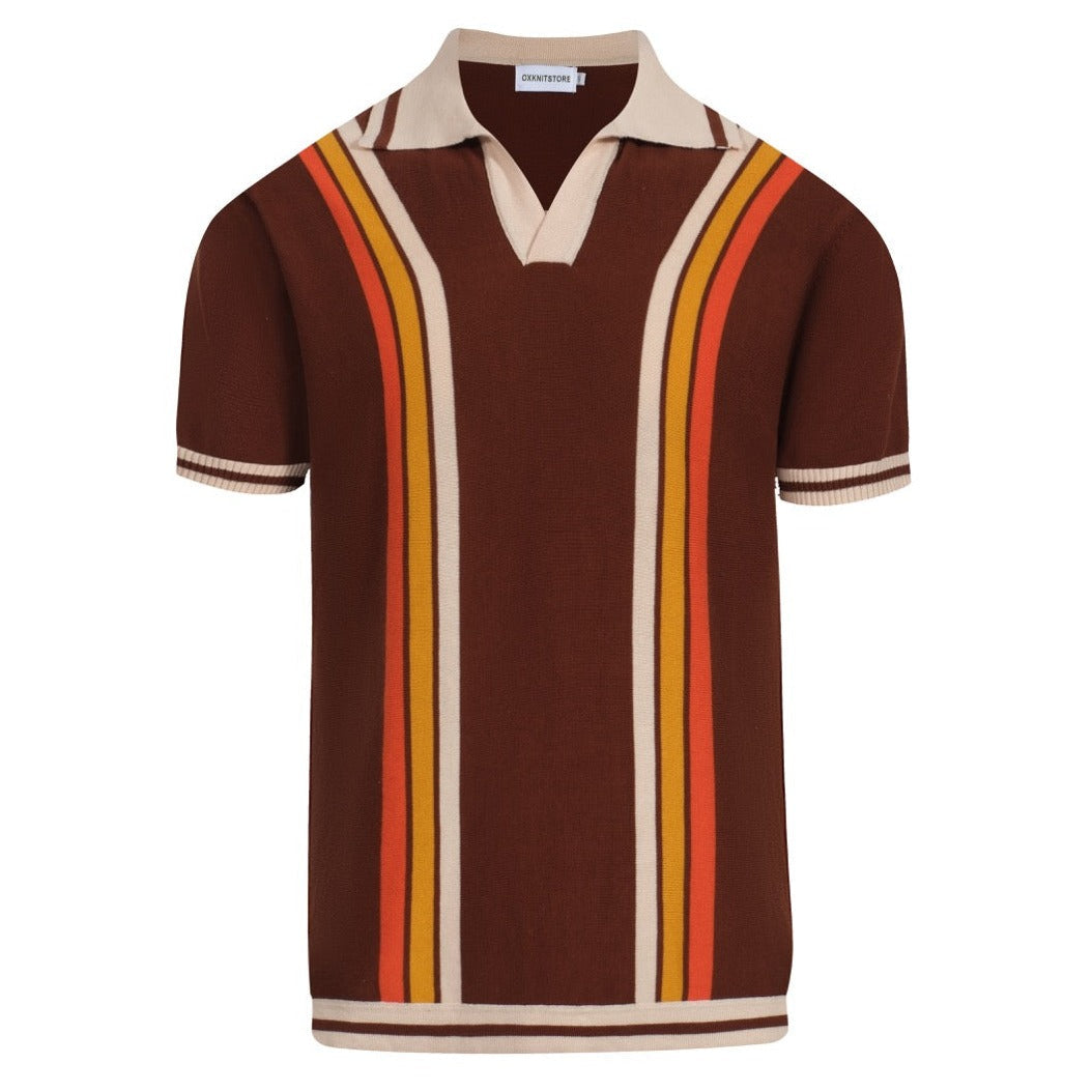 Pull rétro marron pour homme des années 70 – Rayures en V inspirées du coucher de soleil