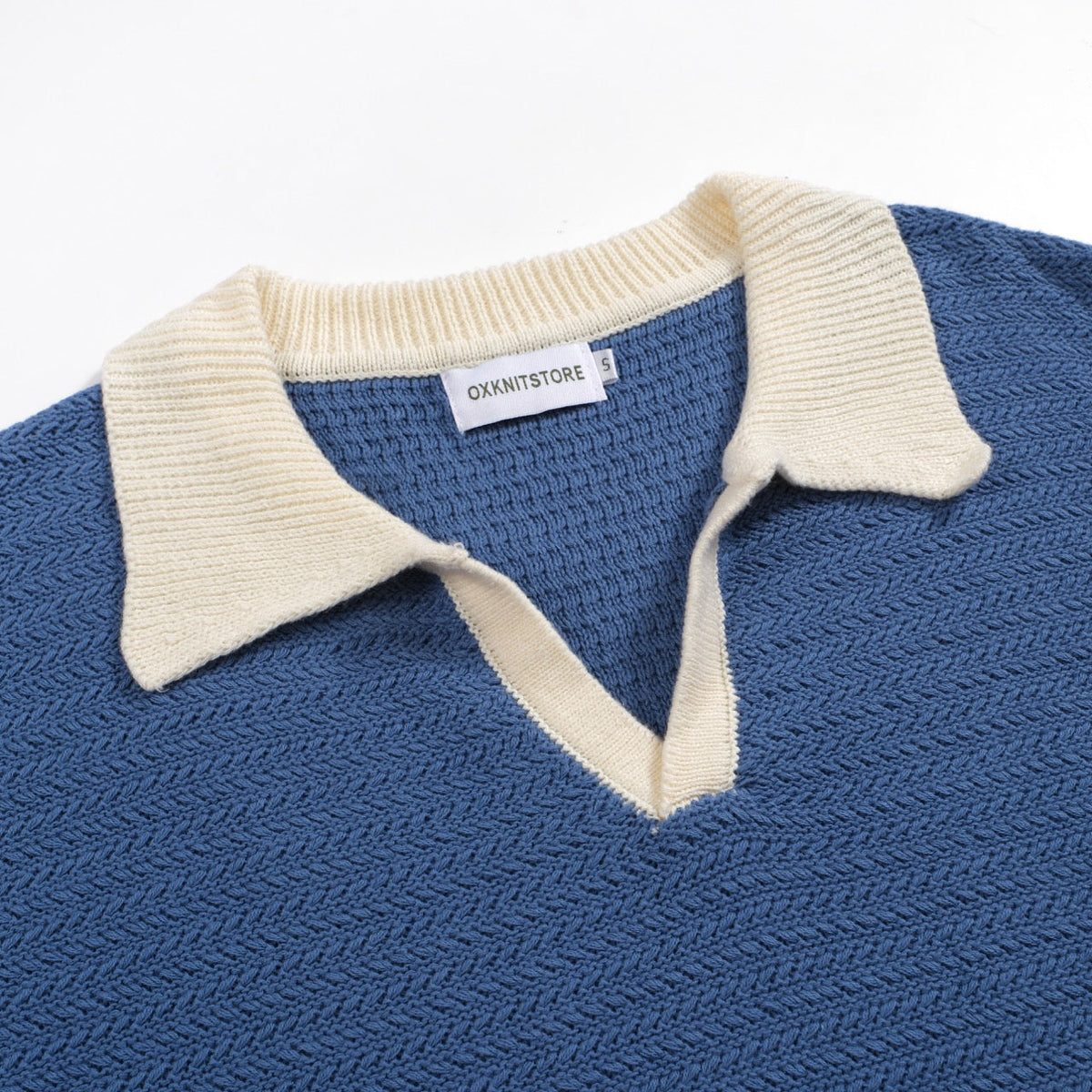 Pull en tricot pour homme style années 70 – Col large rétro à manches courtes bleu