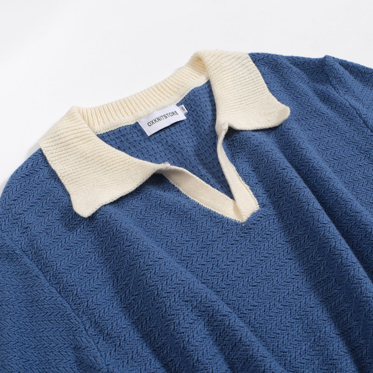 Pull en tricot pour homme style années 70 – Col large rétro à manches courtes bleu