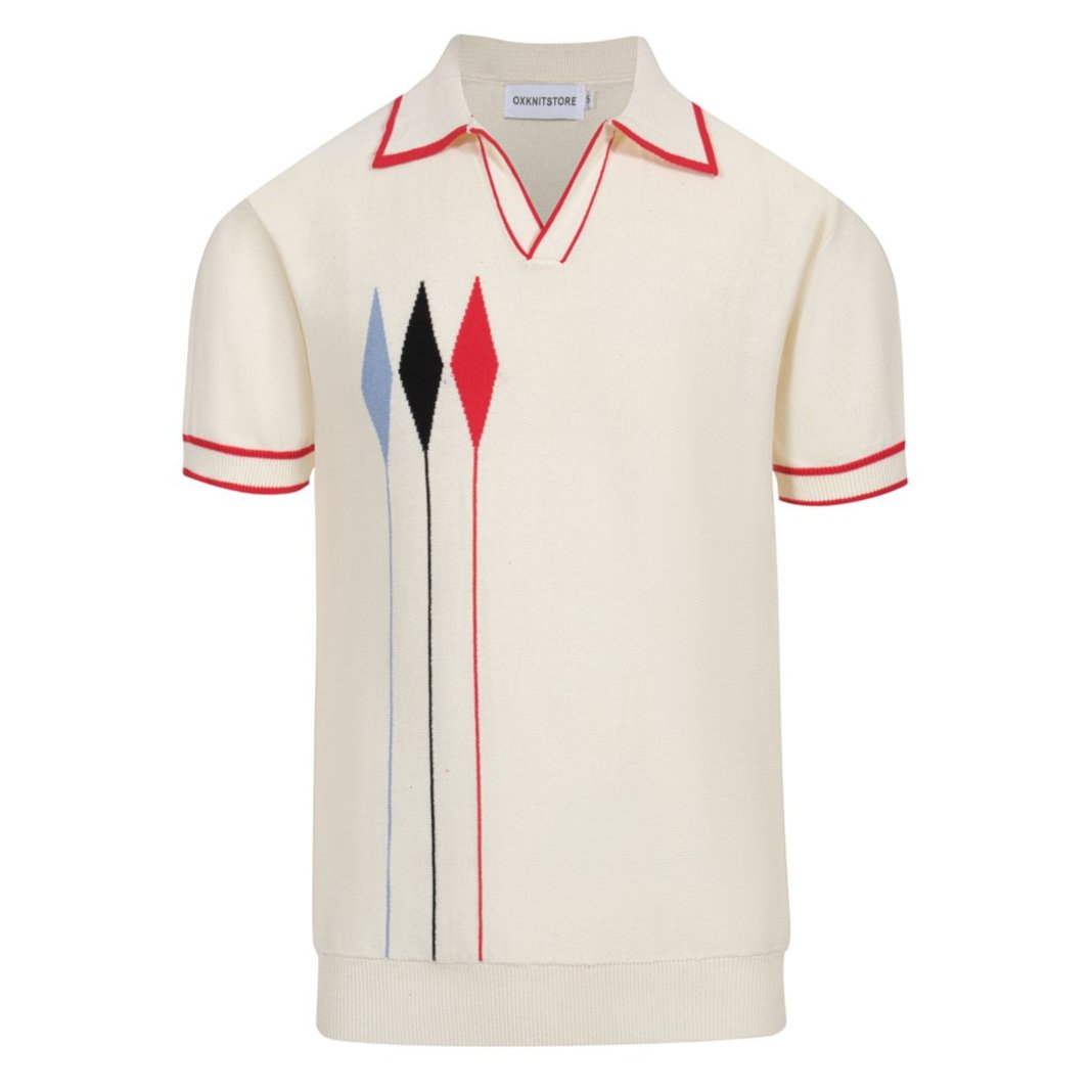 Vintage 1970s Men's Polo – Cream Retro with Red, Black & Blue Arrow Graphic