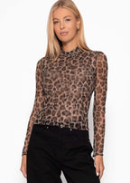 T-shirt à manches longues en mesh avec imprimé léopard - marron