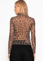 T-shirt à manches longues en mesh avec imprimé léopard - marron