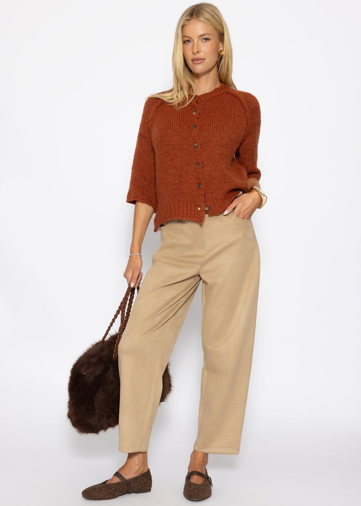 Pantalon à Jambes Barrel en Aspect Suédé - beige