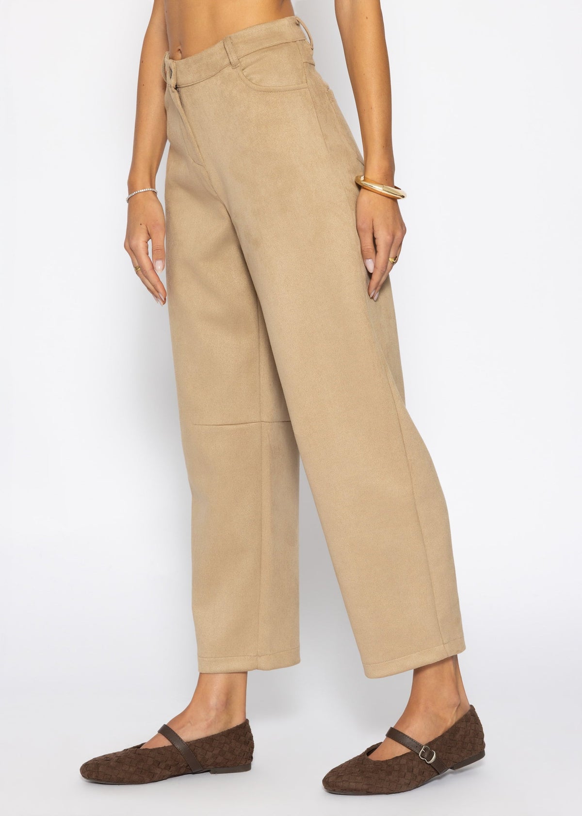 Pantalon à Jambes Barrel en Aspect Suédé - beige