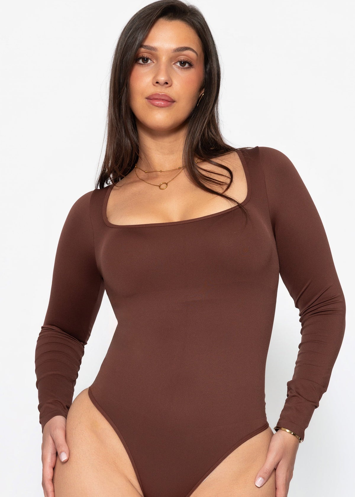 Body Sculptant Shapewear Manches Longues avec String - marron